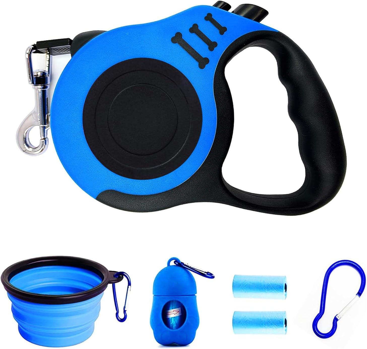 16 FT Retractable Dog Leash, with Folding Bowl, Dispenser, Waste Bags, for Small-Medium Dogs(Blue)