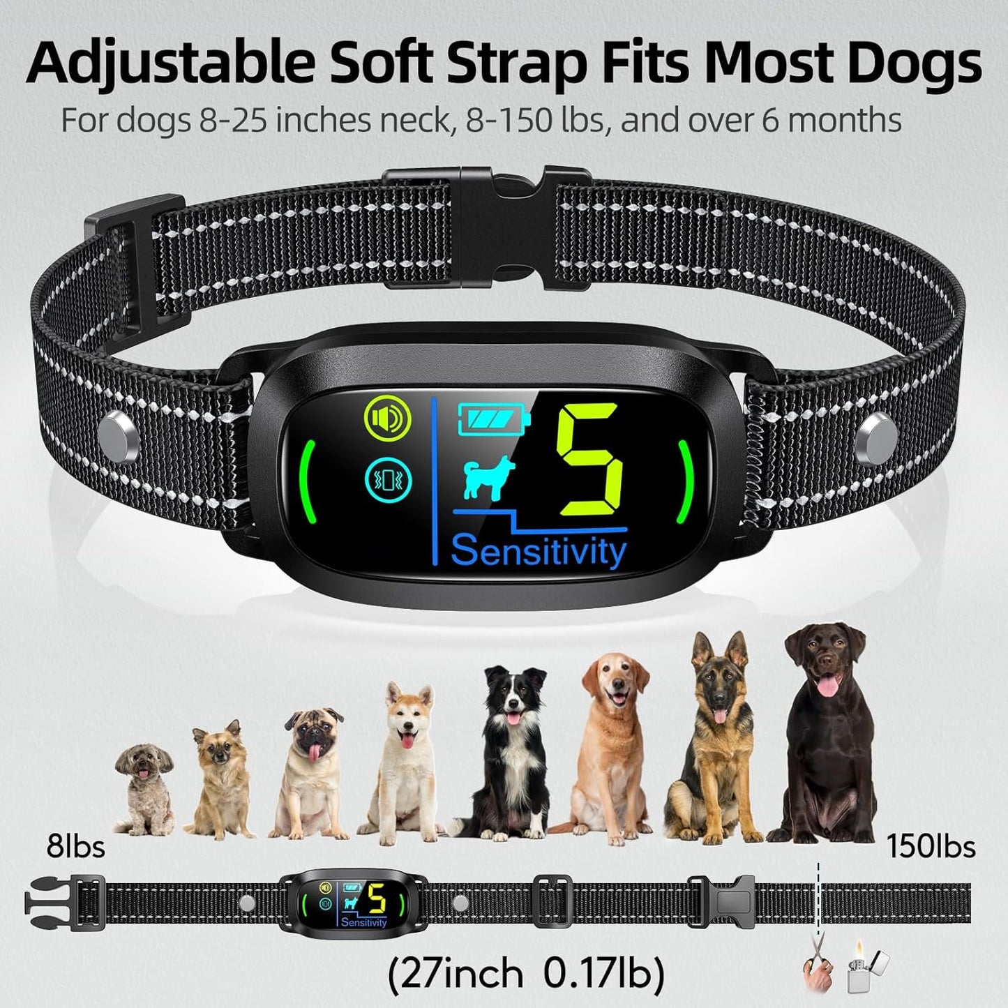 Dog Bark Collar, Rechargeable Smart Collar, anti Barking Training Collar with 5 Adjustable Sensitivity Beep Vibration, Bark Collar for Large Medium Small Dogs (Black)