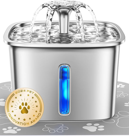 Innovation Award Winner Stainless Steel Cat Water Fountain, 95Oz/2.8L Automatic Pet Fountain Dog Water Dispenser with Replacement Filters & Silicone Mat for Cats, Dogs, Multiple Pets (Silver)