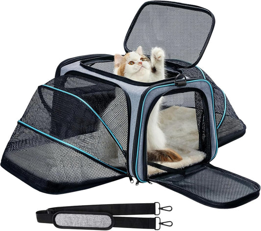 Expandable Airline Approved Pet Carrier, 3 Open Doors, 2 Reflective Tapes, Safe and Easy for Cats and Dogs