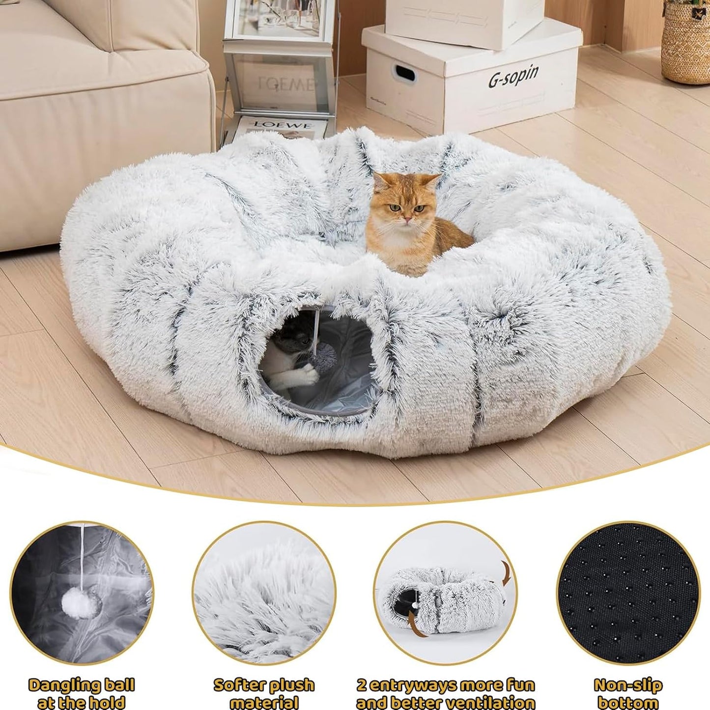 Cat Tunnel Bed, Cat Tunnels Cat Toys for Indoor Cats, Cat Donut Tunnel, Multifunctional Cat Cave for Small Medium Large Cat, Puppy, Rabbit, Ferret.