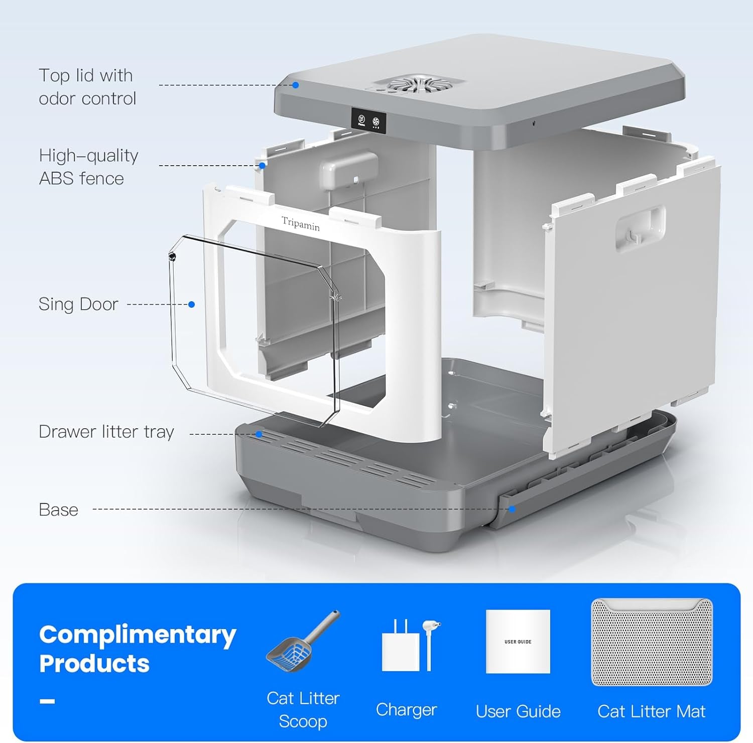 Smart Cat Litter Box Odor Control, Includes Litter Scoop & Mat, Anti-Leakage & Splash, Easy Cleaning