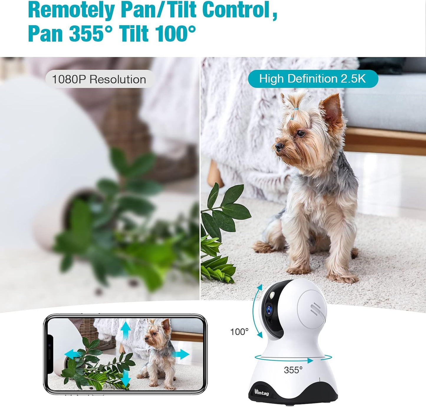 Pet Camera, 2.5K HD Pet Cam, 360° Pan/Tilt View Angel with Two Way Audio, Dog Camera with Phone APP, Motion Tracking Alarm,Night Vision,24/7 Recording with Cloud/Local SD, Smart Home Indoor Cam