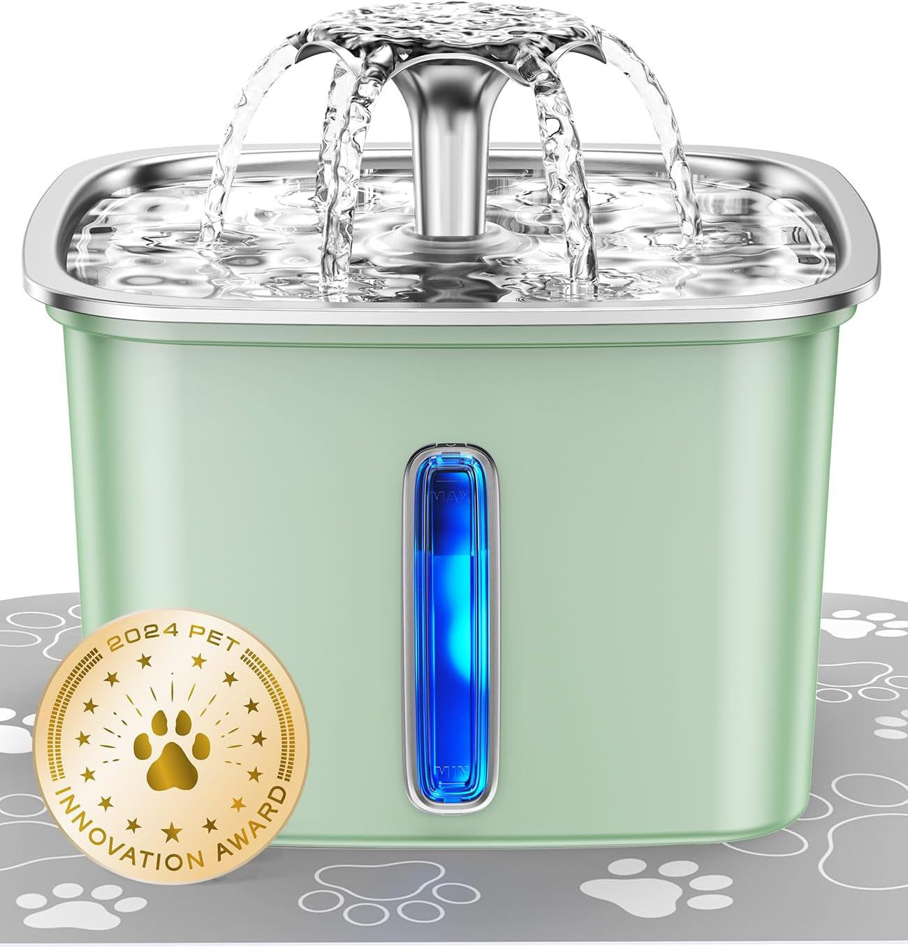 Innovation Award Winner Stainless Steel Cat Water Fountain, 95Oz/2.8L Automatic Pet Fountain Dog Water Dispenser with Replacement Filters & Silicone Mat for Cats, Dogs, Multiple Pets (Silver)