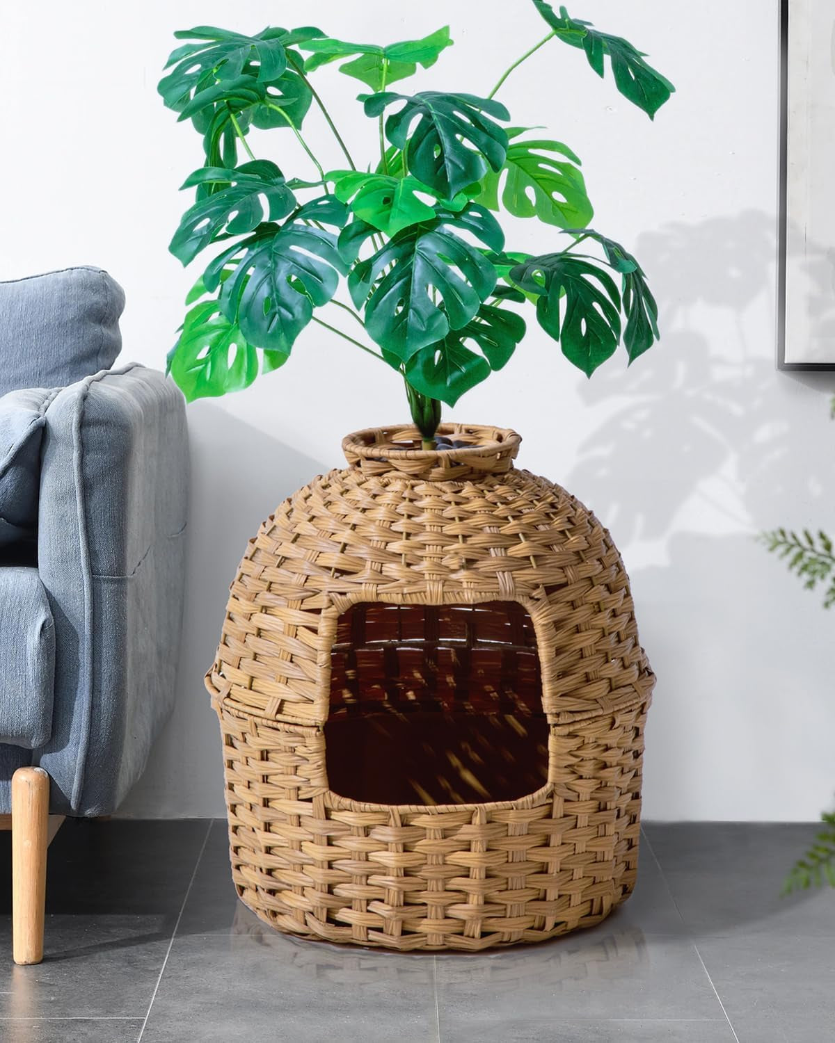 Enclosed Cat Litter Box With Built in Filter- Monstera House Plant Design