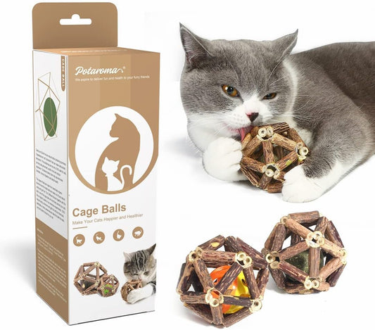 Catnip Toys, 3Pcs Cat Toys Natural Silvervine Stick Cage Balls & Bell Ball for Indoor Cats, Kitten Cleaning Teeth Molar Matatabi Cat Chew Toy All Breeds