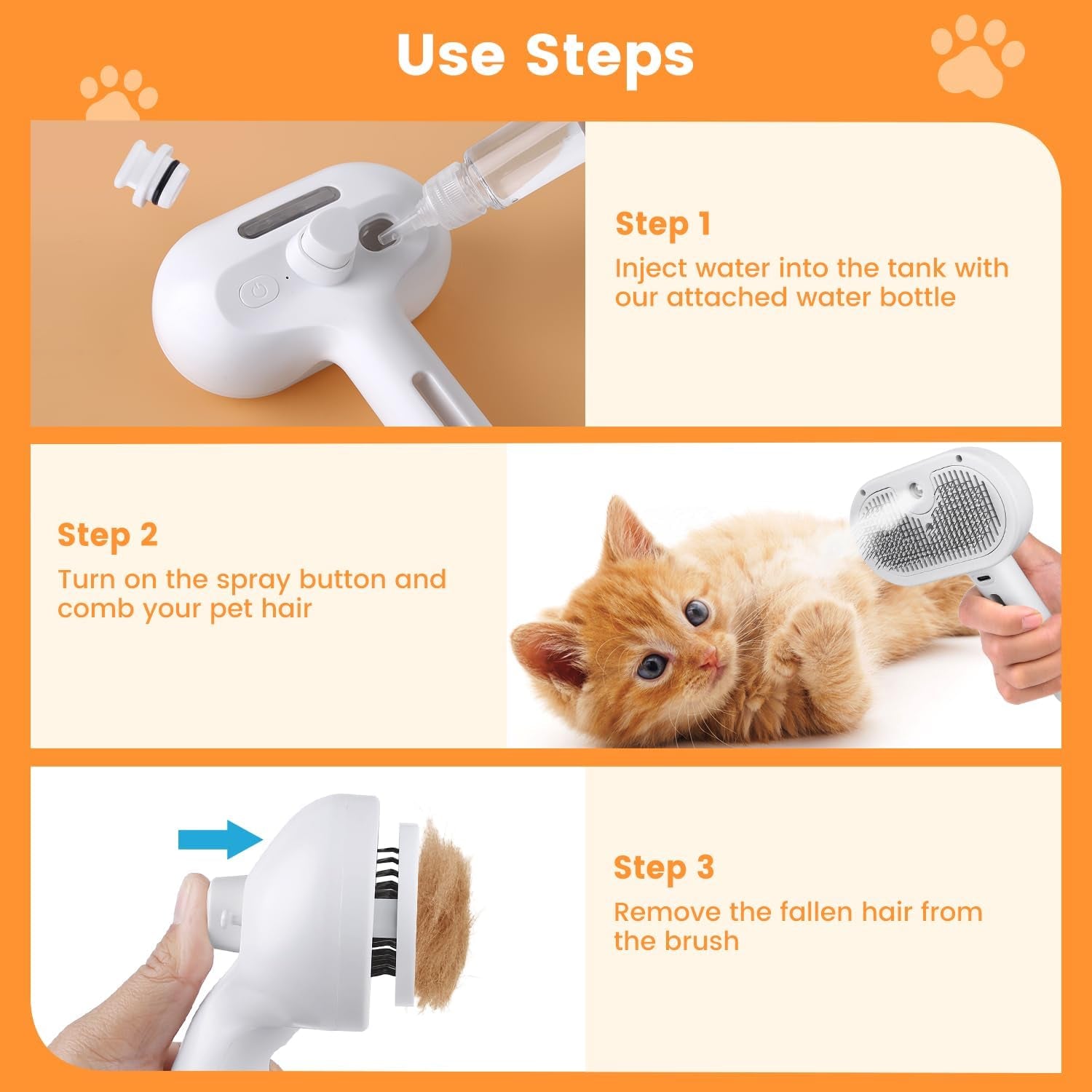 Cat Steam Brush, 3 in 1 Cat Brush for Shedding & Grooming, Water Brush for Cats Dogs, Pet Hair Removal Comb for Long Short Haired Small Animal, Self Cleaning Slicker Brush with Release Button