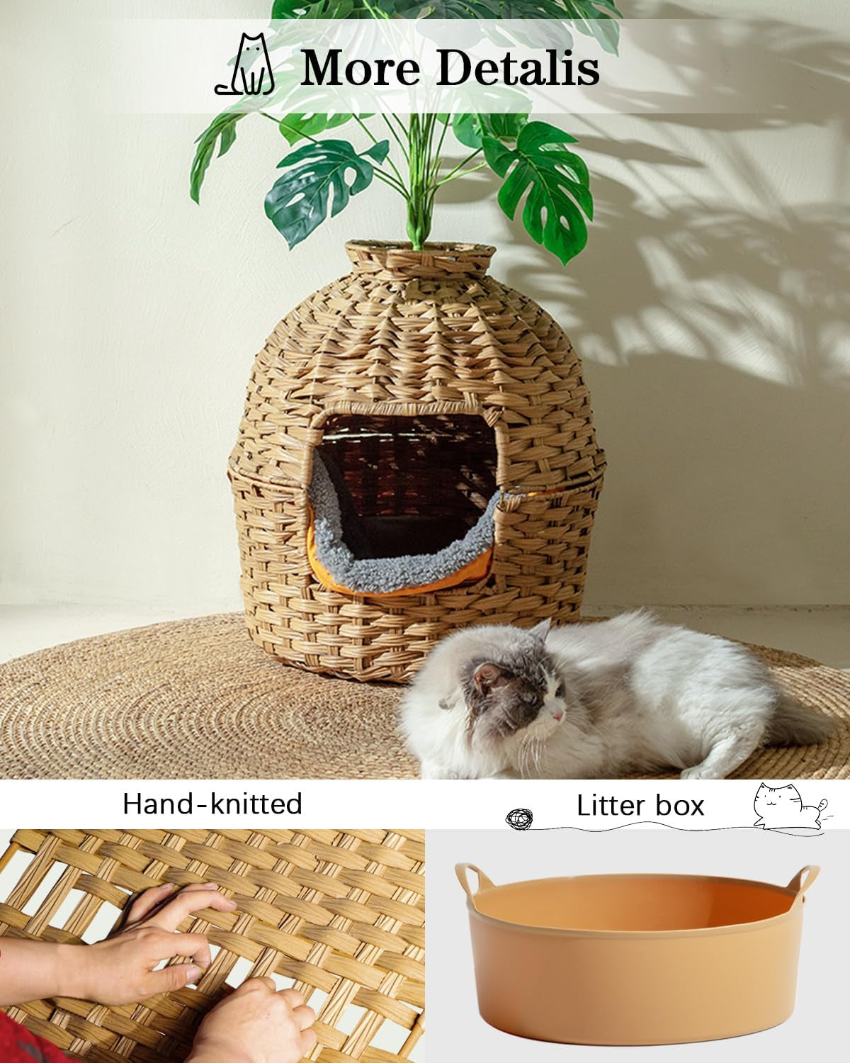 Enclosed Cat Litter Box With Built in Filter- Monstera House Plant Design