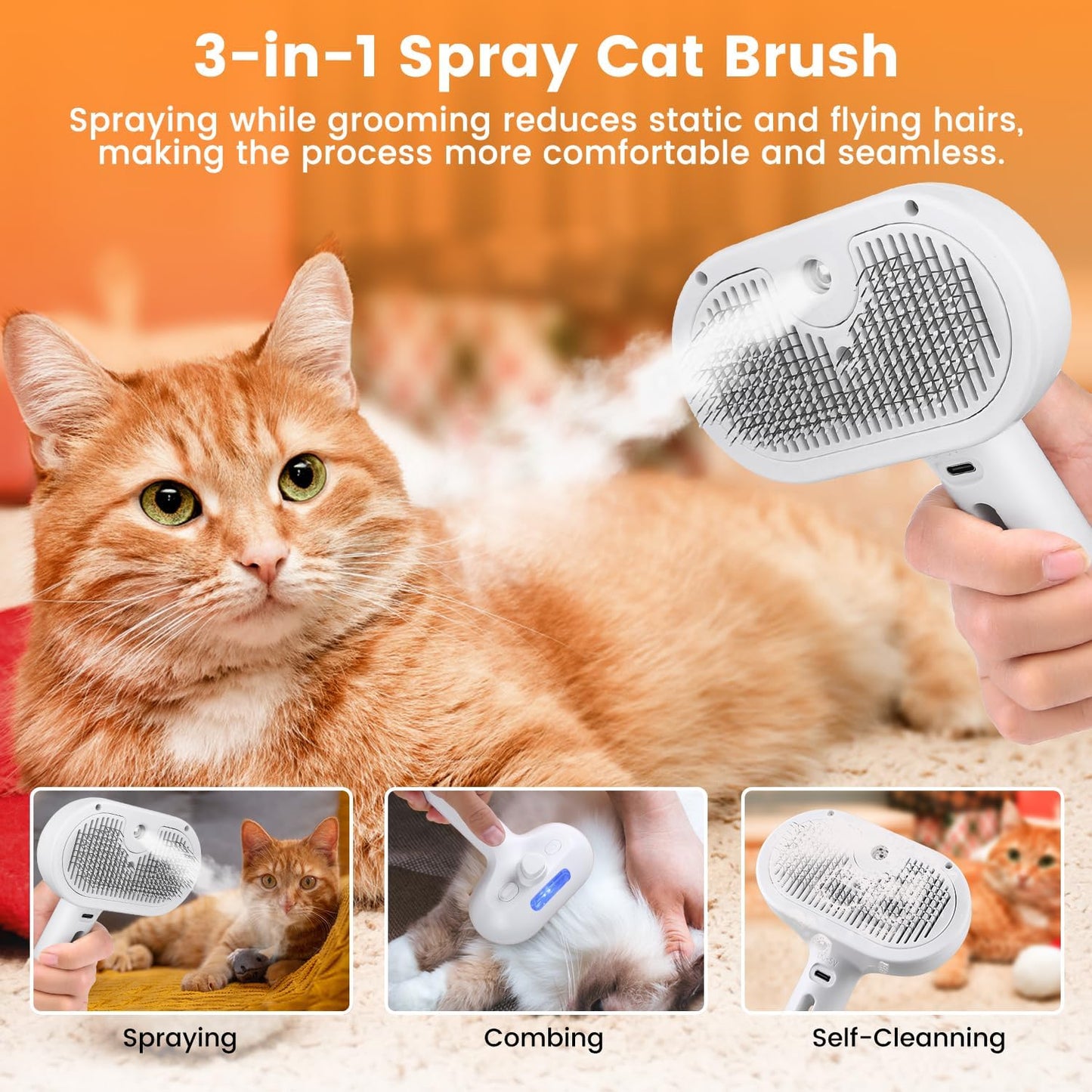 Cat Steam Brush, 3 in 1 Cat Brush for Shedding & Grooming, Water Brush for Cats Dogs, Pet Hair Removal Comb for Long Short Haired Small Animal, Self Cleaning Slicker Brush with Release Button