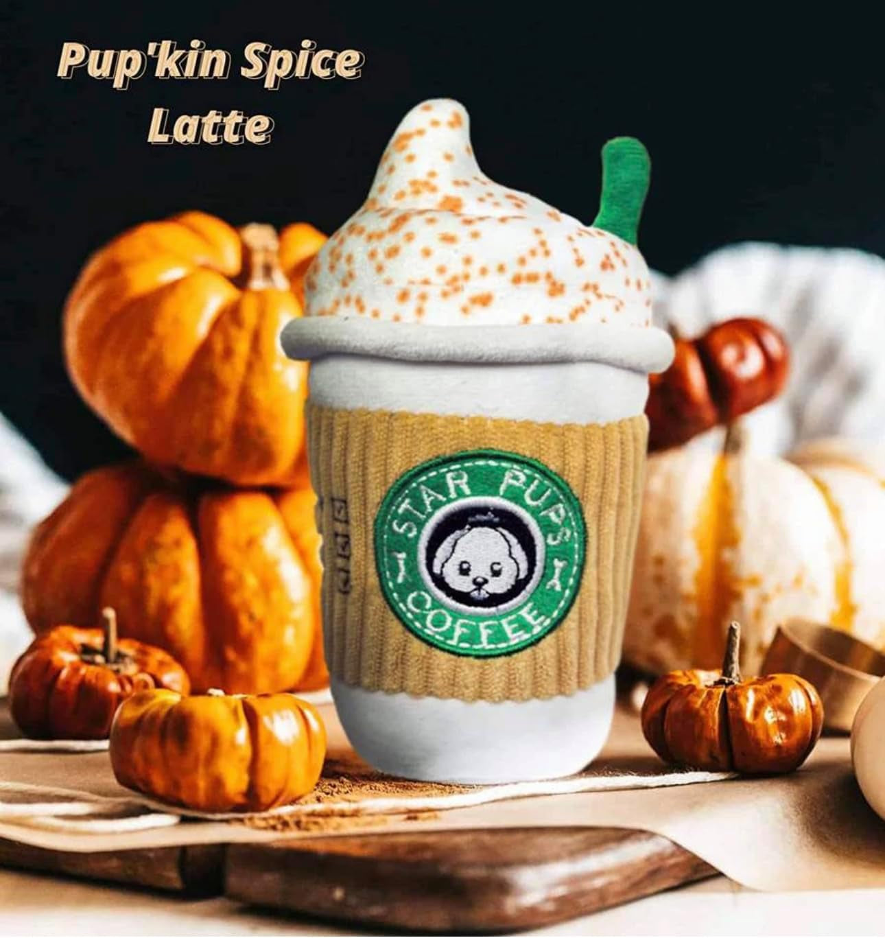 Star Pups Coffee Dog Toy Pup'Kin Spice Latte - Fall Funny Parody Plush Squeaky Holiday Toys for Medium, Small and Large for Dog Birthday - Cool Stuffed for All Breed Sizes