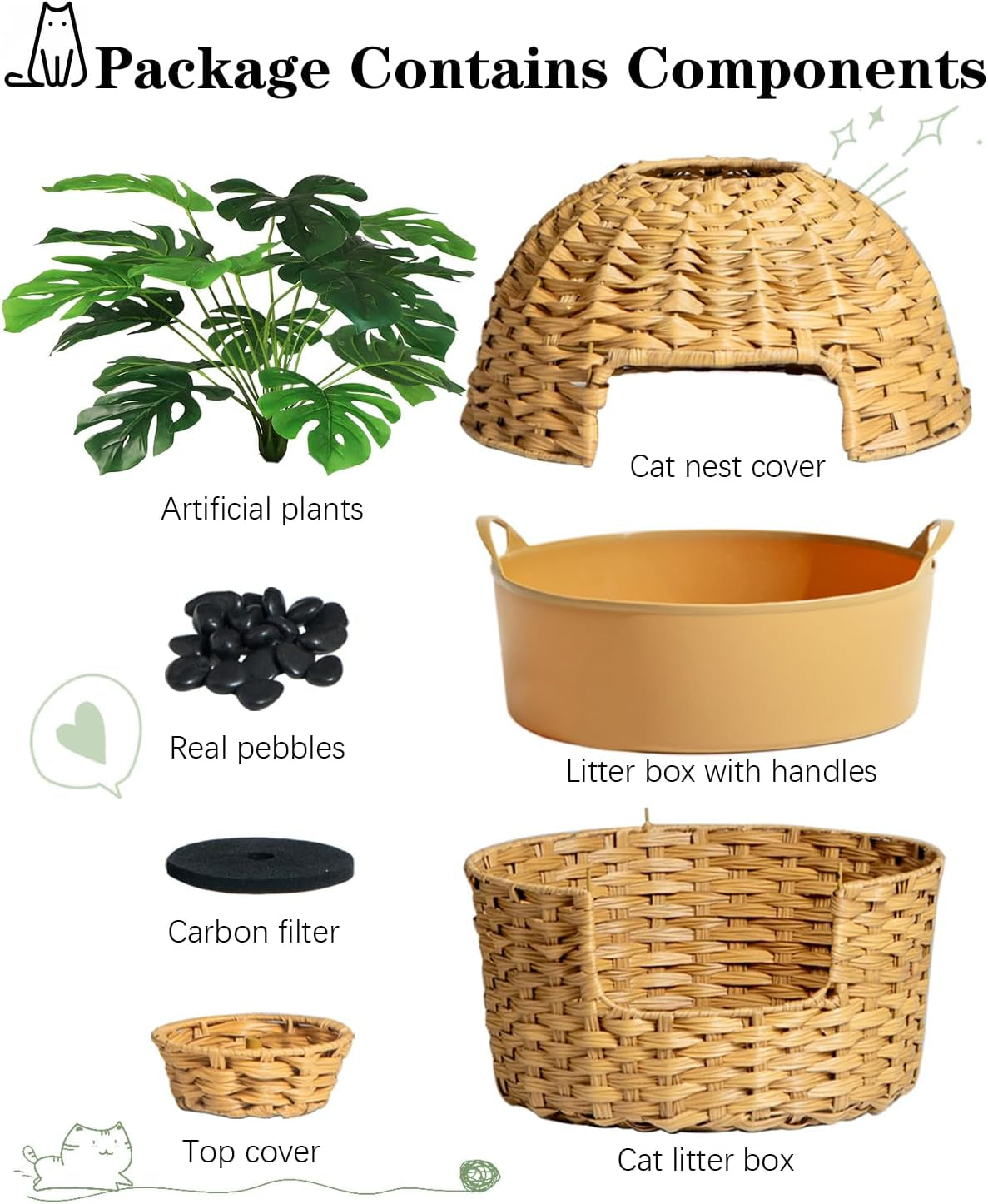 Enclosed Cat Litter Box With Built in Filter- Monstera House Plant Design