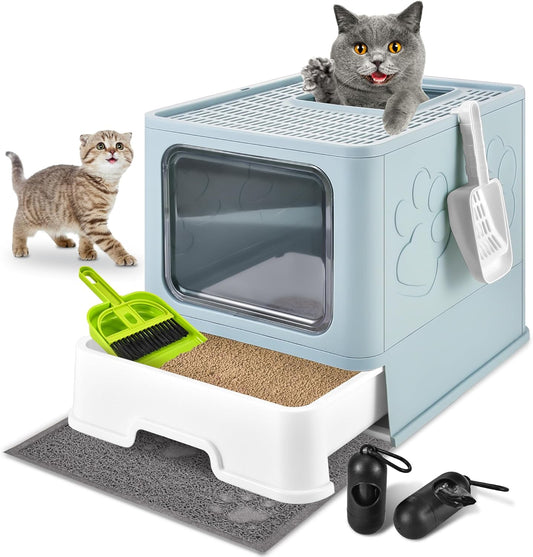 Odor Control Enclosed Litter Box With Mat and Scoop, Anti-Splashing, Easy Clean (Light Blue)