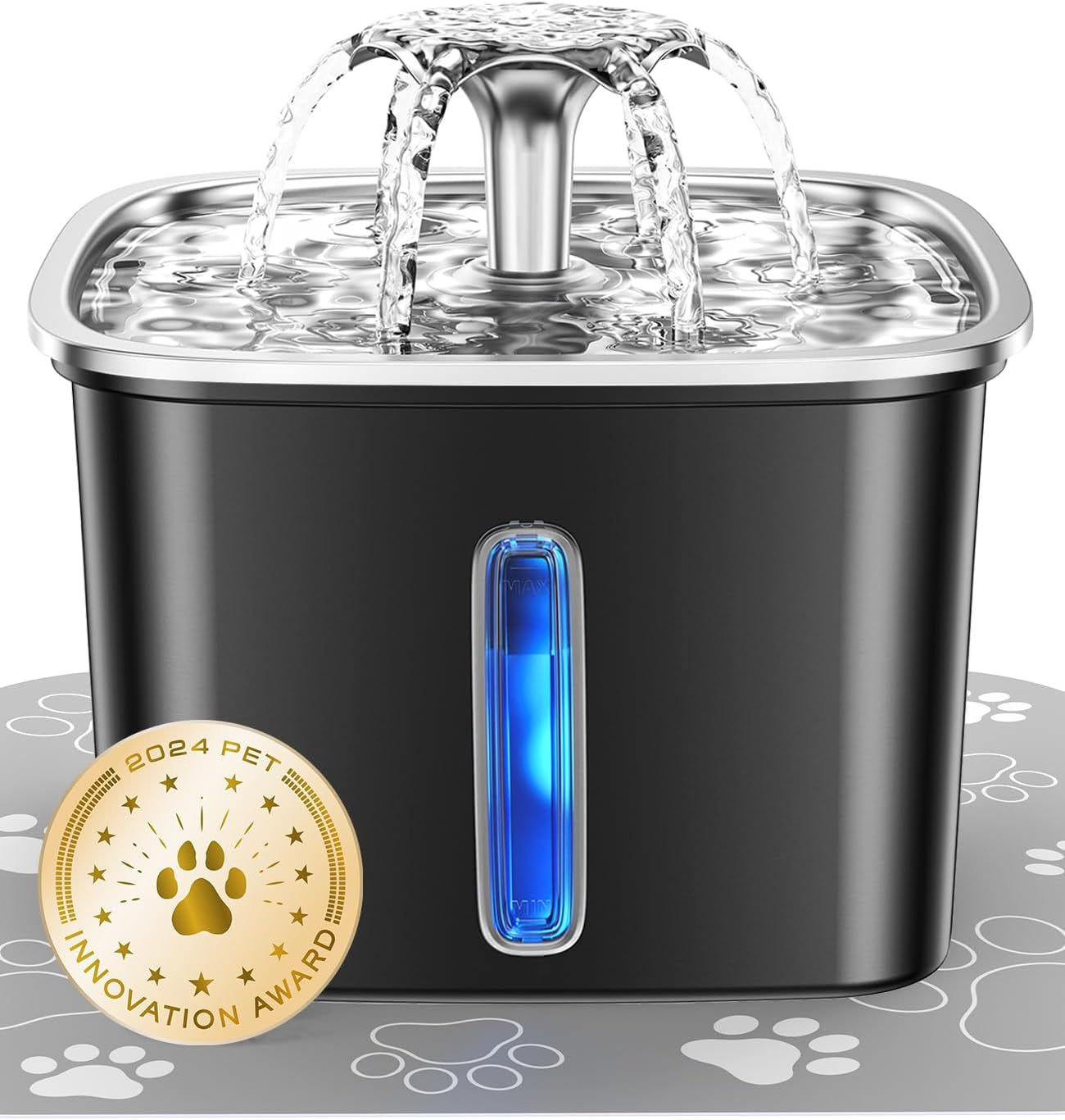 Innovation Award Winner Stainless Steel Cat Water Fountain, 95Oz/2.8L Automatic Pet Fountain Dog Water Dispenser with Replacement Filters & Silicone Mat for Cats, Dogs, Multiple Pets (Silver)