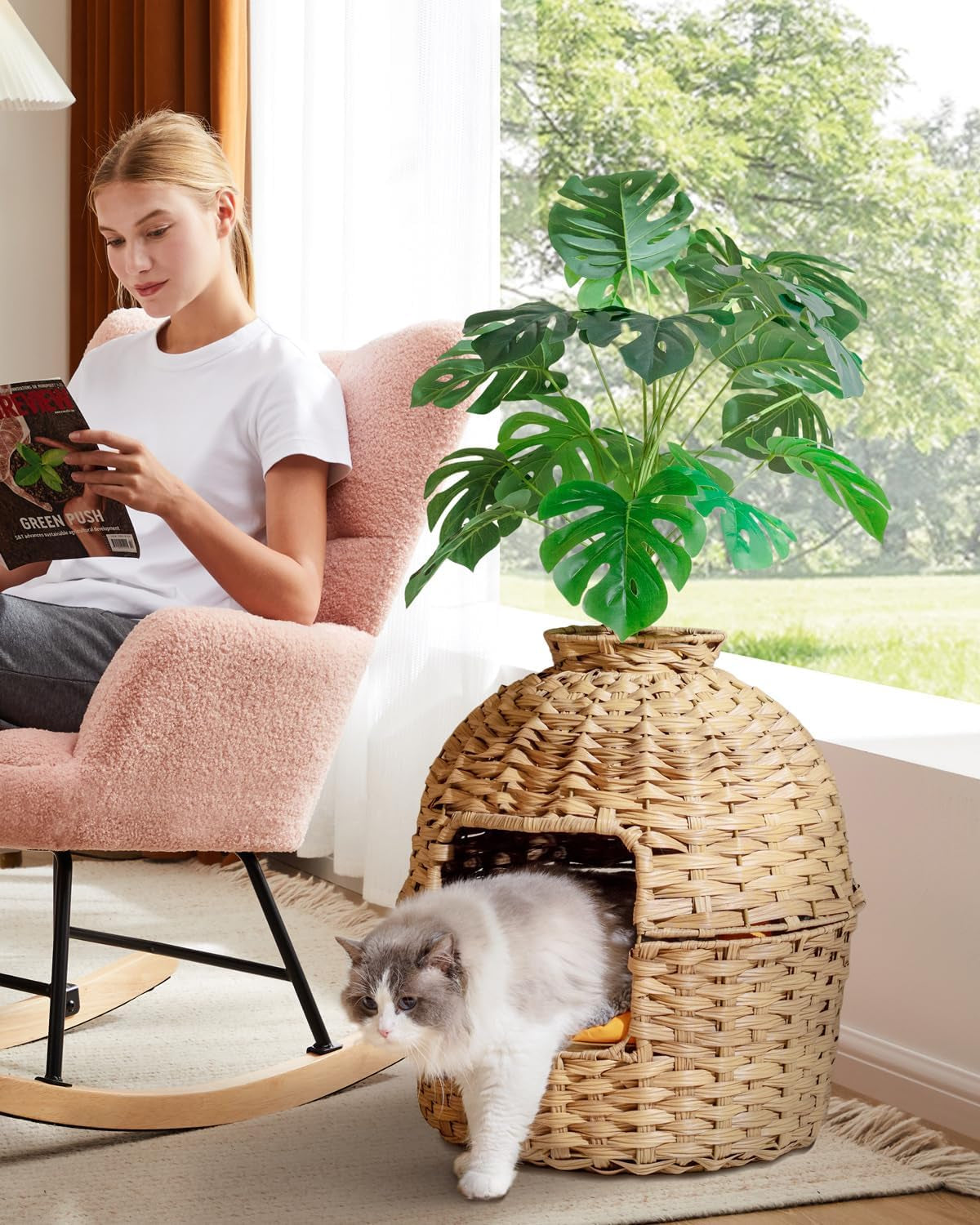 Enclosed Cat Litter Box With Built in Filter- Monstera House Plant Design